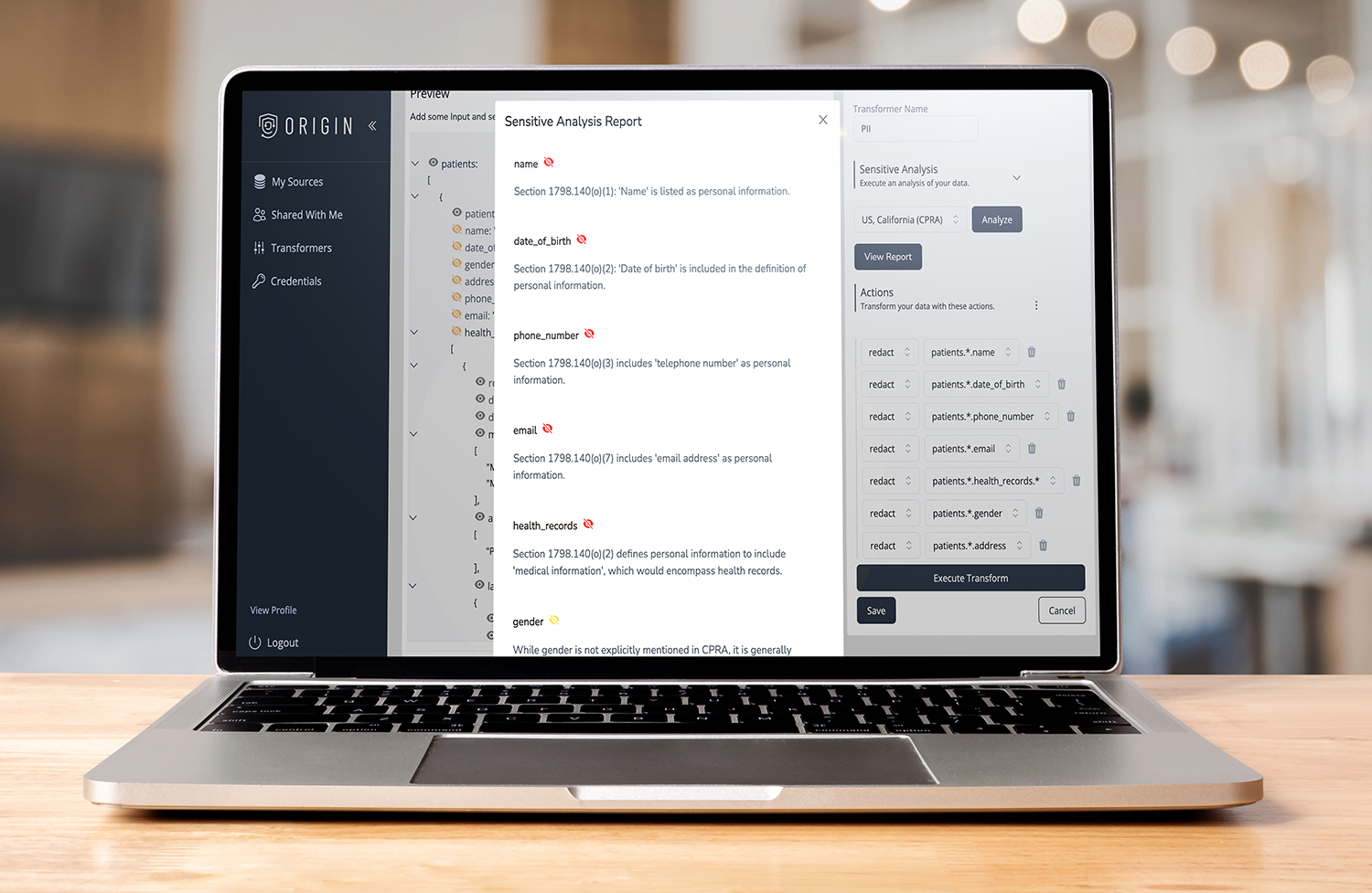ORIGIN platform interface showing sensitive data analysis and CPRA compliance features